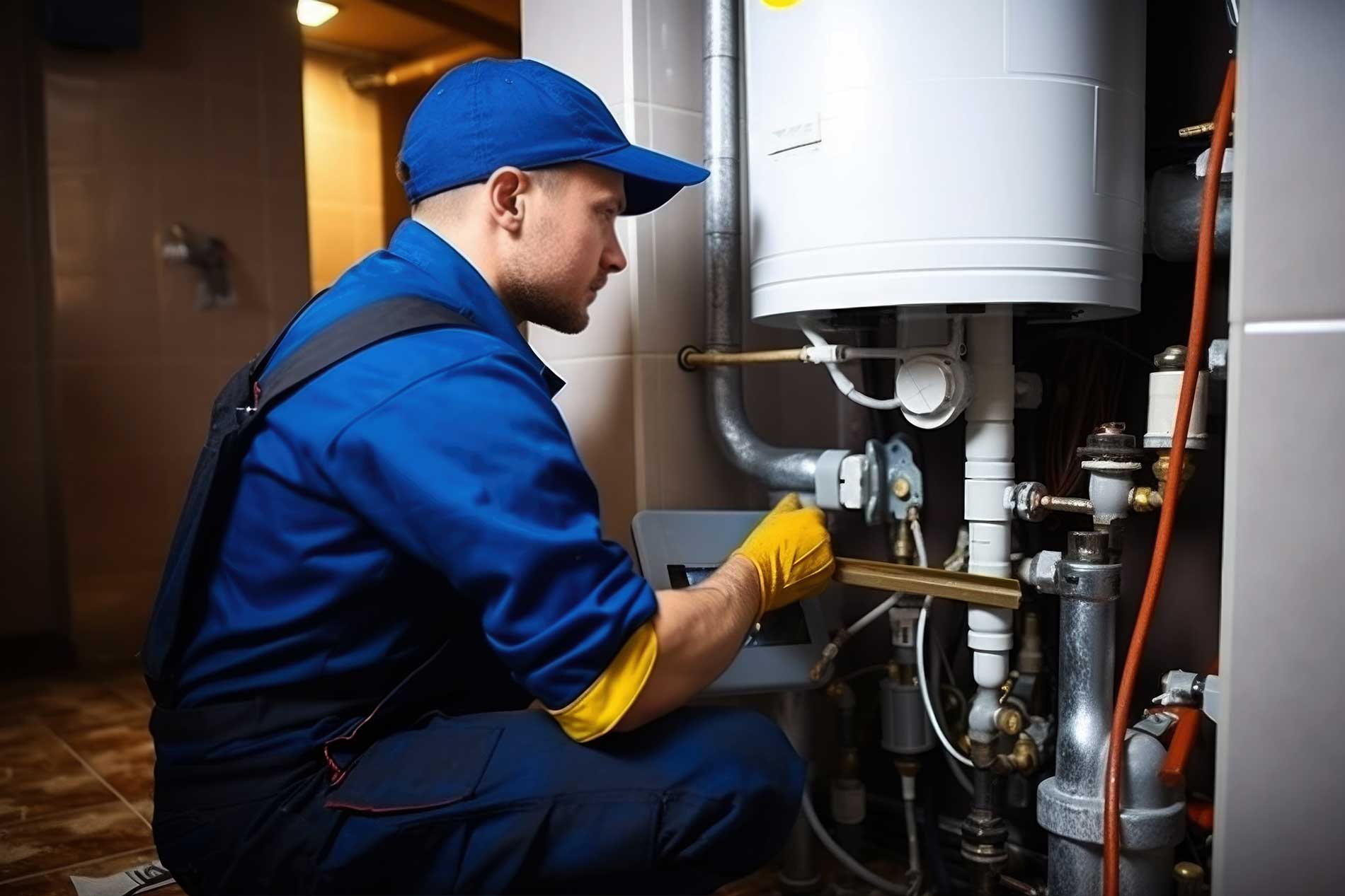 technician and plumber looking at the pipes in the house